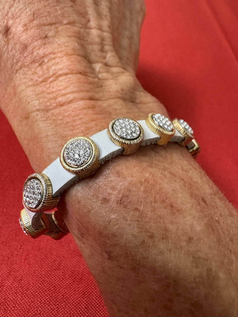 Gold Disk Pavé Accented White Leather Bracelet